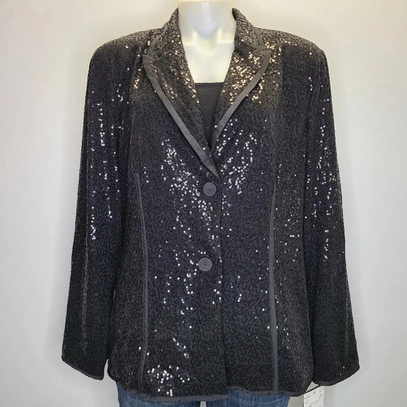 Doncaster Collection Black Sequins Sequined Blazer Jacket 18 Holiday Evening - Picture 1 of 16